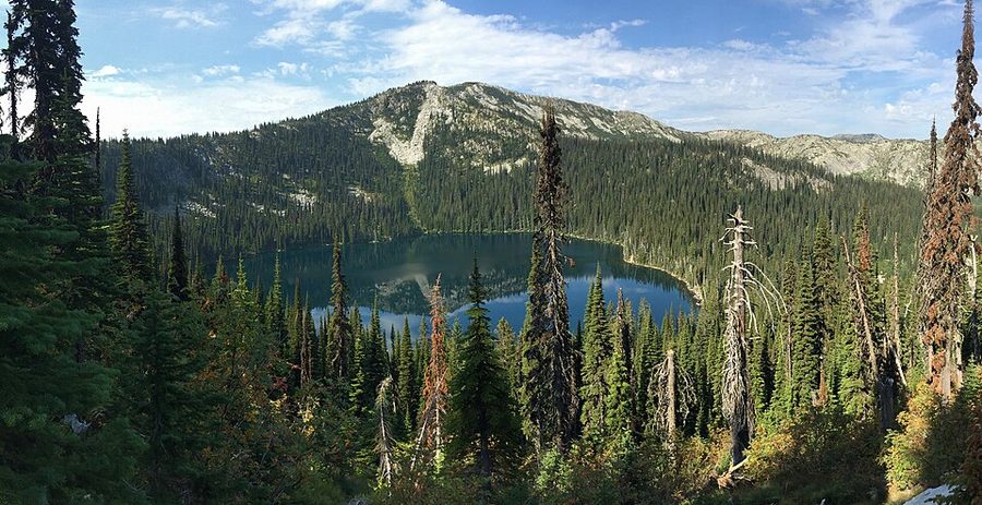 A hidden alpine lake in the Selkirk Mountains of Idaho, held in a bowl of dark conifers.
