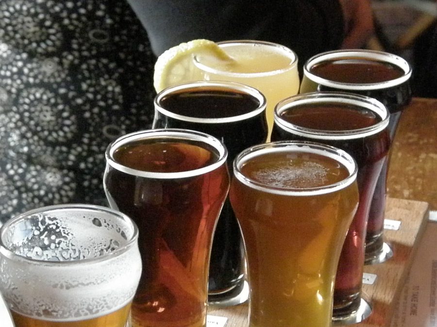 A flight of craft beers on a bar — the sort of thing the local brewery pours.
