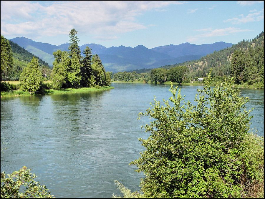 The Kootenai River running through northwest Montana between forested slopes.