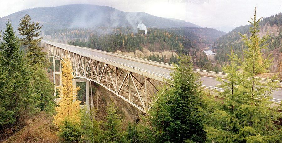 The Moyie River Canyon Bridge carrying US-2 high above the forested Moyie gorge in northern Idaho.