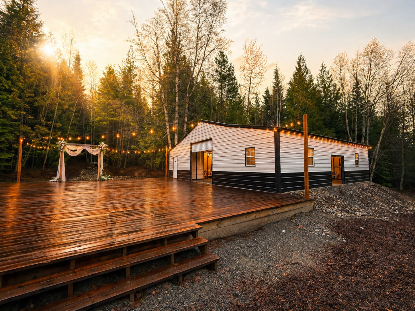 Ceremony deck with arch and string lights at sunset