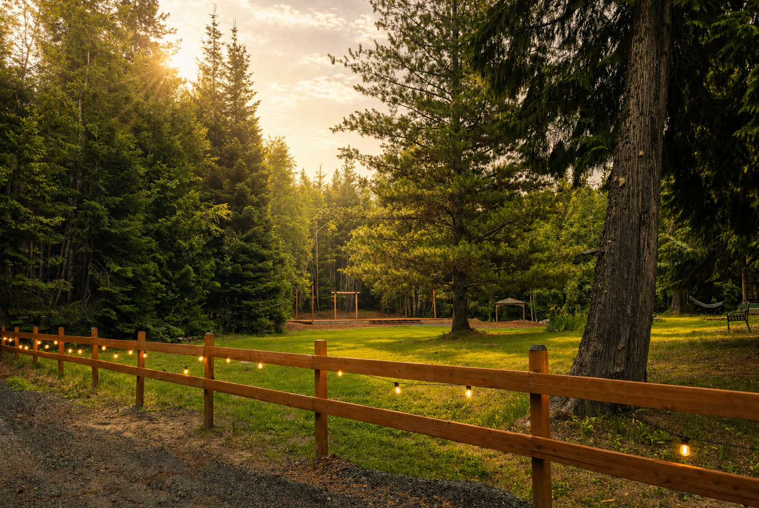 Forest meadow with string lights and split-rail fence at golden hour