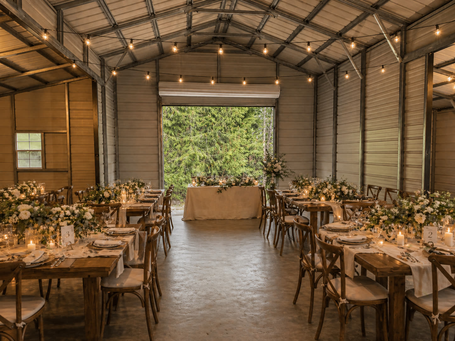Banquet hall set up for reception with farm tables, candles, and string lights