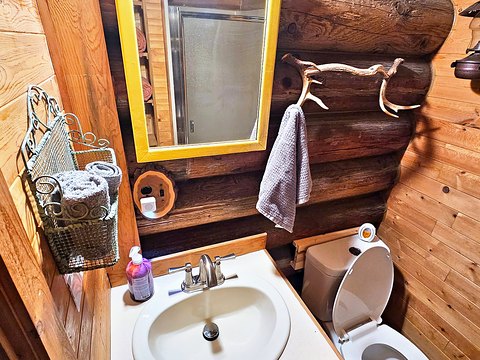 The indoor bathroom in The Elk at Round Mountain Retreat — a white sink set into a wood vanity, a gold-framed mirror reflecting the walk-in shower, a basket of rolled towels and a towel hung from an antler rack on the log wall.