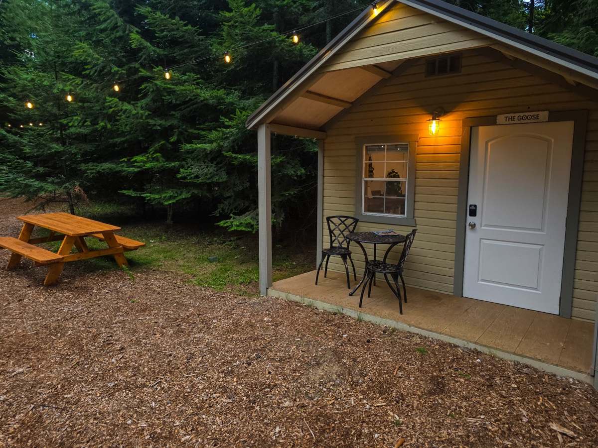 The Goose cabin porch at dusk