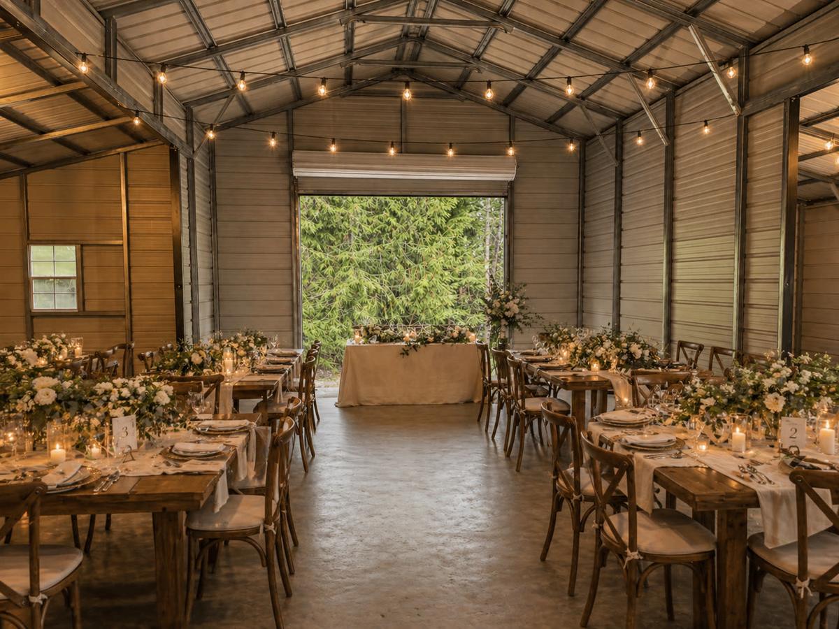 Banquet hall with long farm tables and sweetheart table