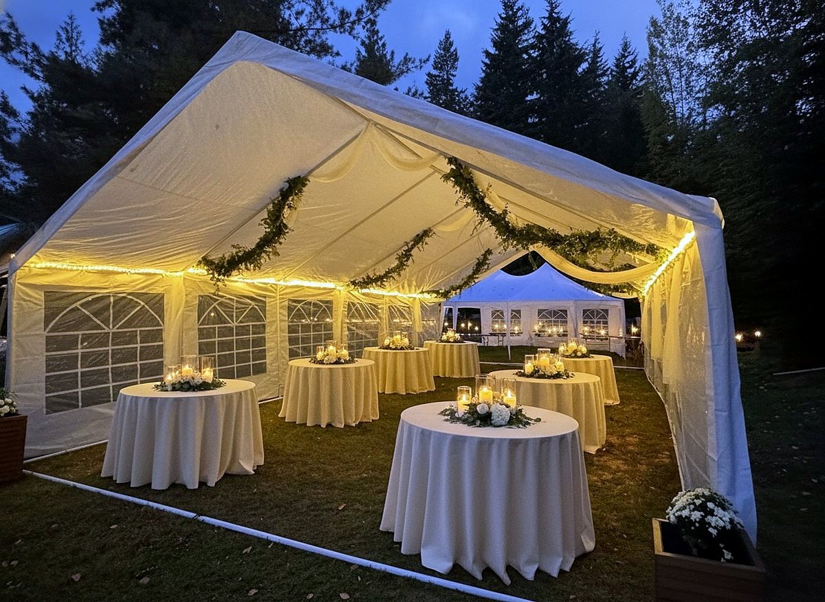 The open-air marquee at Round Mountain Retreat glowing at dusk, round tables dressed in ivory linen with candles and white flowers, greenery along the ridge of the tent.