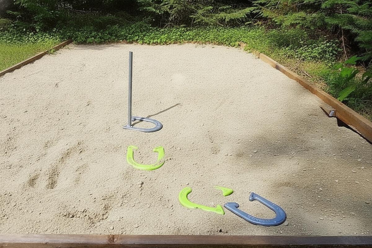 The horseshoe pit at Round Mountain Retreat — a long sand pit with timber edging and a steel stake, horseshoes lying where they landed in warm dappled afternoon light.