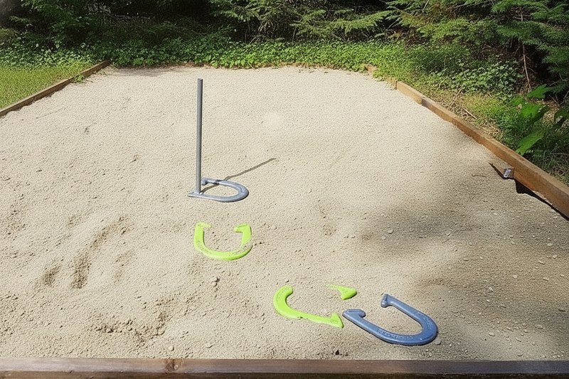 The horseshoe pit at Round Mountain Retreat in warm dappled afternoon light, horseshoes lying in freshly raked sand.