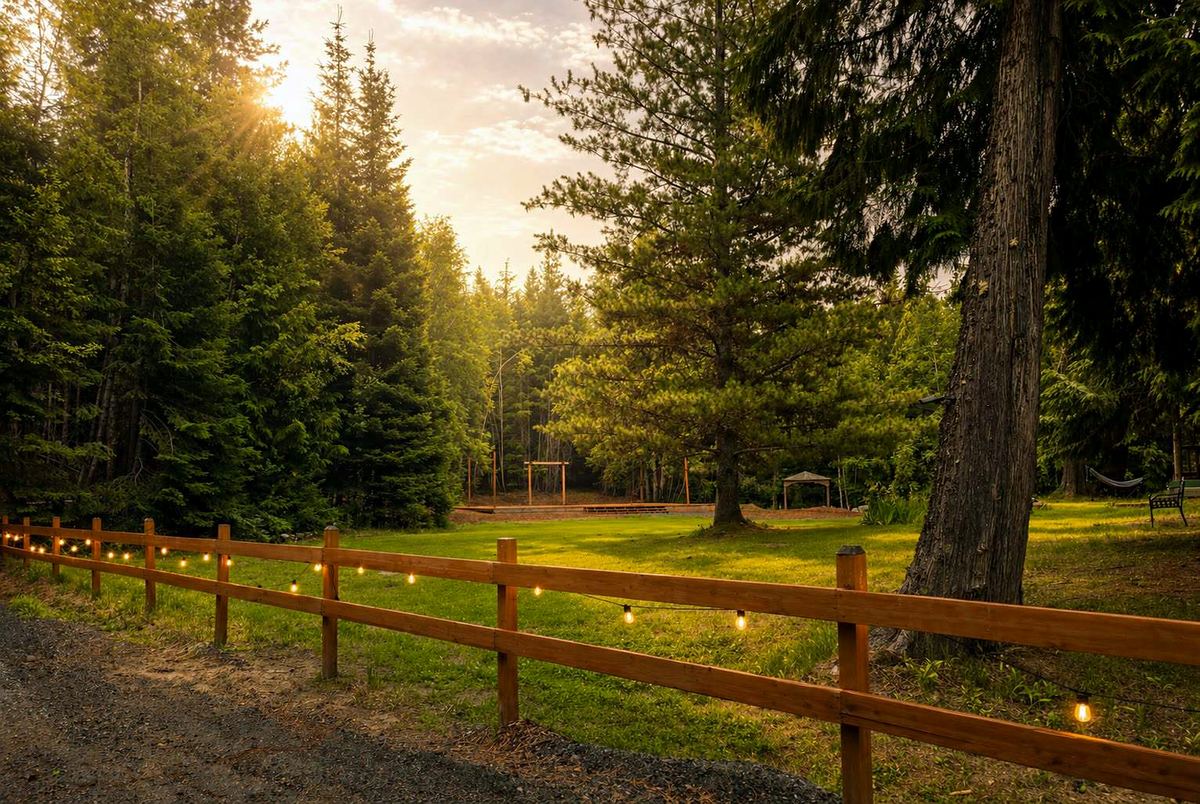 The forest meadow at Round Mountain Retreat at golden hour — a split-rail fence hung with string lights running away into the pines, the low sun burning through the trees behind.
