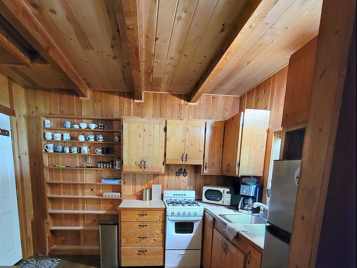 The kitchen in The Elk — knotty-pine cabinets and beams, a gas range, microwave, coffee maker, refrigerator and a long shelf of mugs