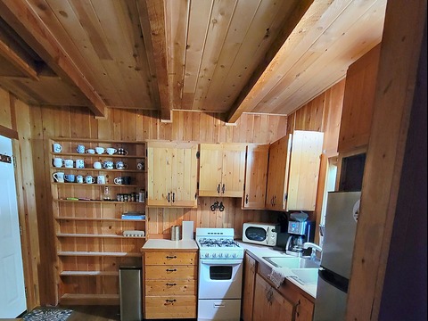 The kitchen in The Elk at Round Mountain Retreat — knotty-pine cabinets and beams, a gas range, microwave, coffee maker, refrigerator and a long shelf of mugs.